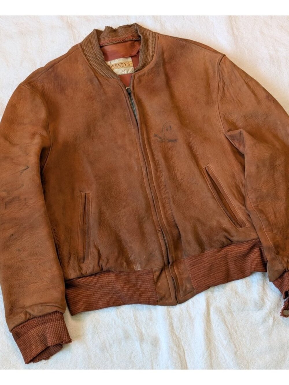 Penney's Vintage 50s 60s Thrashed Suede Zip Grunge Bomber Jacket Size 44 USA